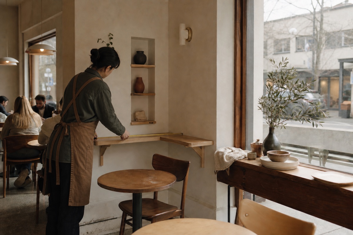Cafe host measuring an available corner for a pop-up
