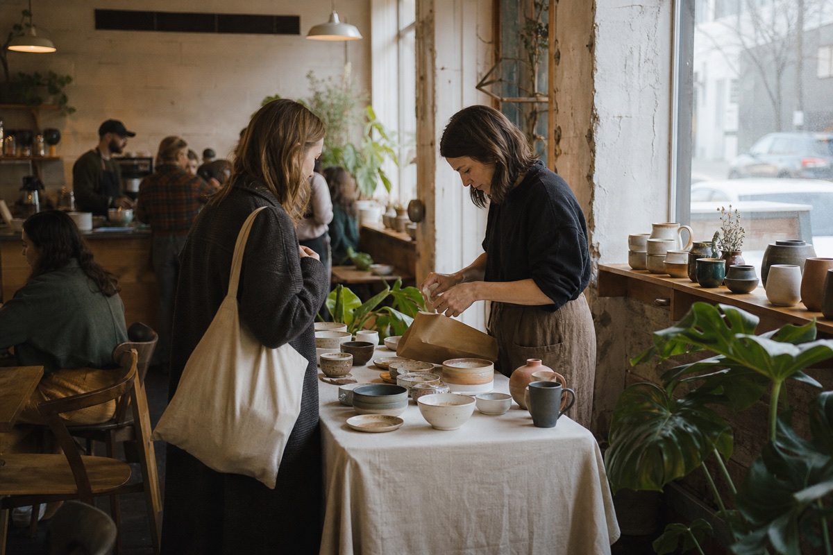 Ceramic artist serving a customer at a cafe pop-up