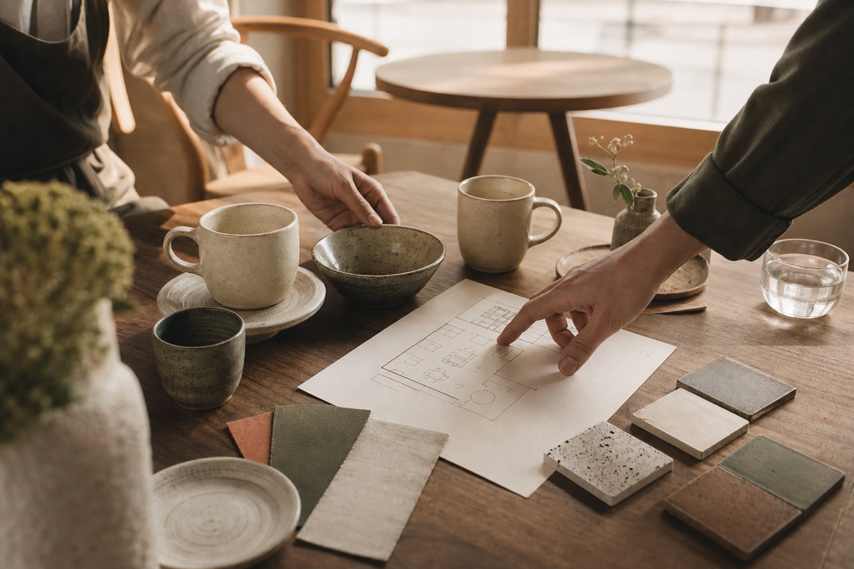 Creator and cafe host planning a ceramic display together